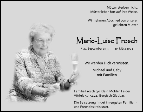 Anzeige von Marie-Luise Frosch von Kölner Stadt-Anzeiger / Kölnische Rundschau / Express