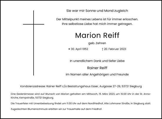 Anzeige von Marion Reiff von Kölner Stadt-Anzeiger / Kölnische Rundschau / Express