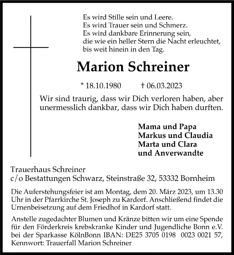  Traueranzeige für Marion Schreiner vom 17.03.2023 aus  Schaufenster/Blickpunkt 