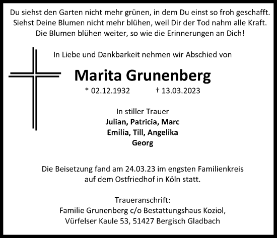 Anzeige von Marita Grunenberg von Kölner Stadt-Anzeiger / Kölnische Rundschau / Express