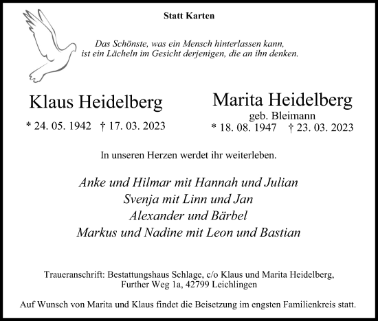 Anzeige von Marita Heidelberg von Kölner Stadt-Anzeiger / Kölnische Rundschau / Express