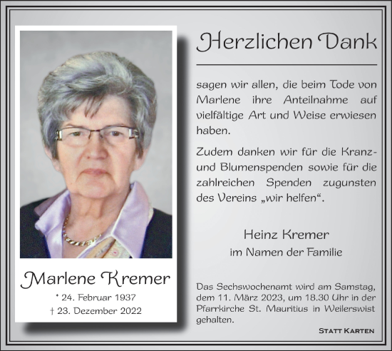 Anzeige von Marlene Kremer von  Blickpunkt Euskirchen 