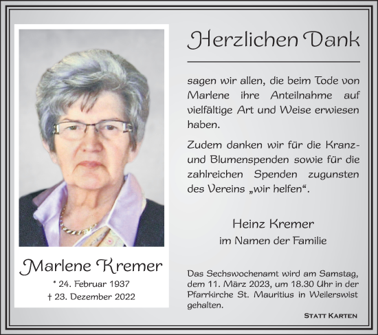 Anzeige von Marlene Kremer von Kölner Stadt-Anzeiger / Kölnische Rundschau / Express