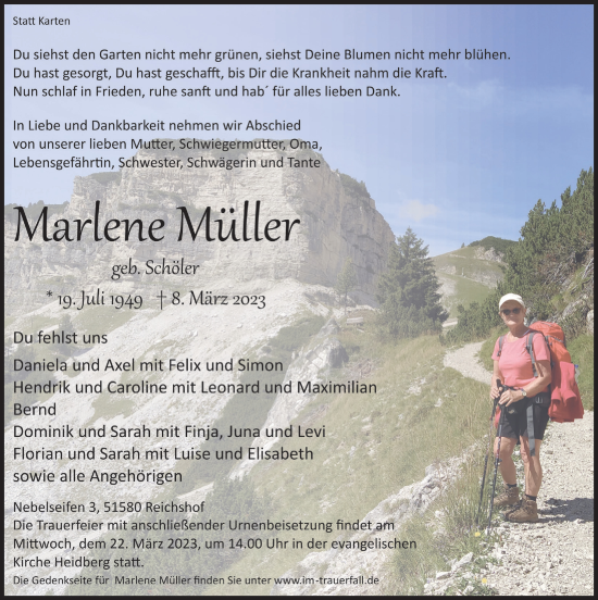 Anzeige von Marlene Müller von  Anzeigen Echo  Lokalanzeiger 