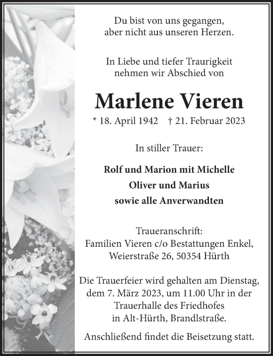 Anzeige von Marlene Vieren von  Wochenende 