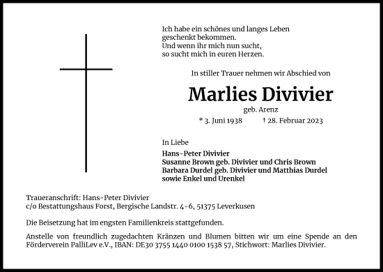 Anzeige von Marlies Divivier von Kölner Stadt-Anzeiger / Kölnische Rundschau / Express