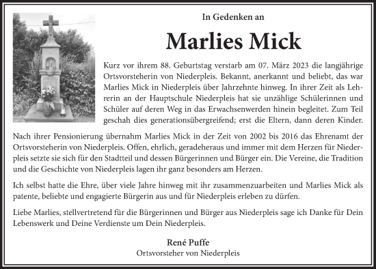 Anzeige von Marlies Mick von  Extra Blatt 