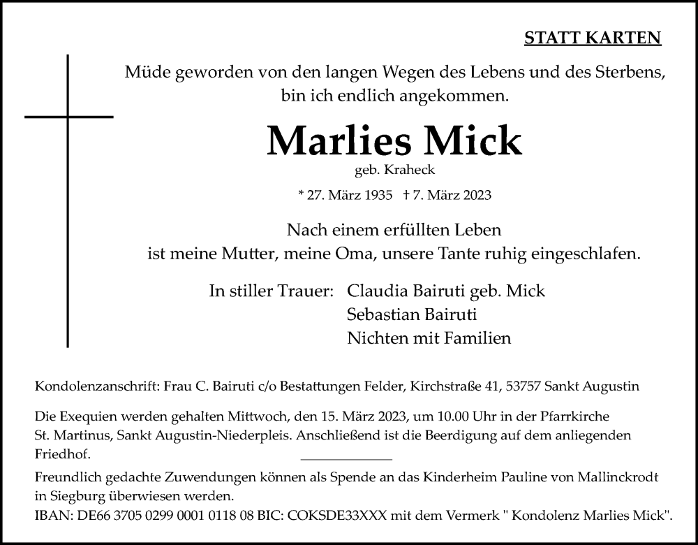 Traueranzeige für Marlies Mick vom 11.03.2023 aus Kölner Stadt-Anzeiger / Kölnische Rundschau / Express