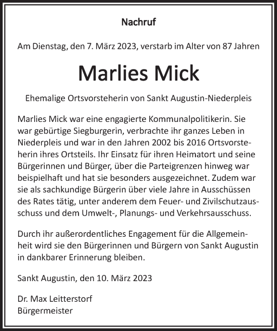 Anzeige von Marlies Mick von  Extra Blatt 