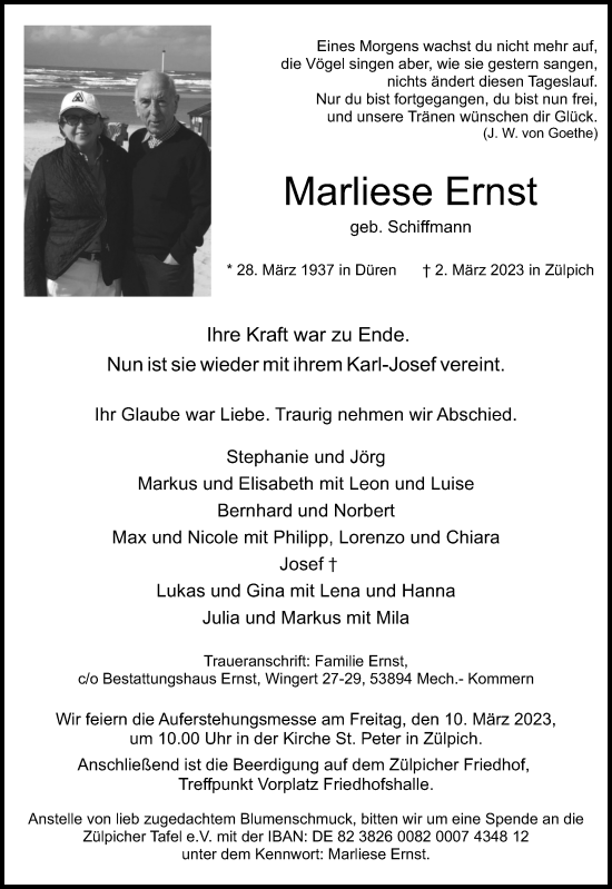 Anzeige von Marliese Ernst von Kölner Stadt-Anzeiger / Kölnische Rundschau / Express