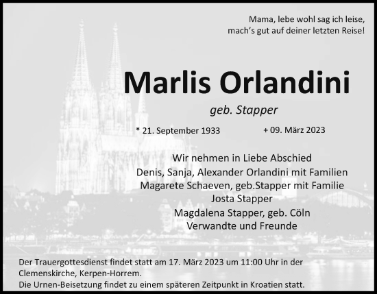 Anzeige von Marlis Orlandini von Kölner Stadt-Anzeiger / Kölnische Rundschau / Express