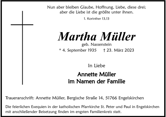 Anzeige von Martha Müller von Kölner Stadt-Anzeiger / Kölnische Rundschau / Express