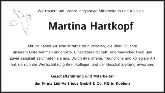 Anzeige von Martina Hartkopf von Kölner Stadt-Anzeiger / Kölnische Rundschau / Express