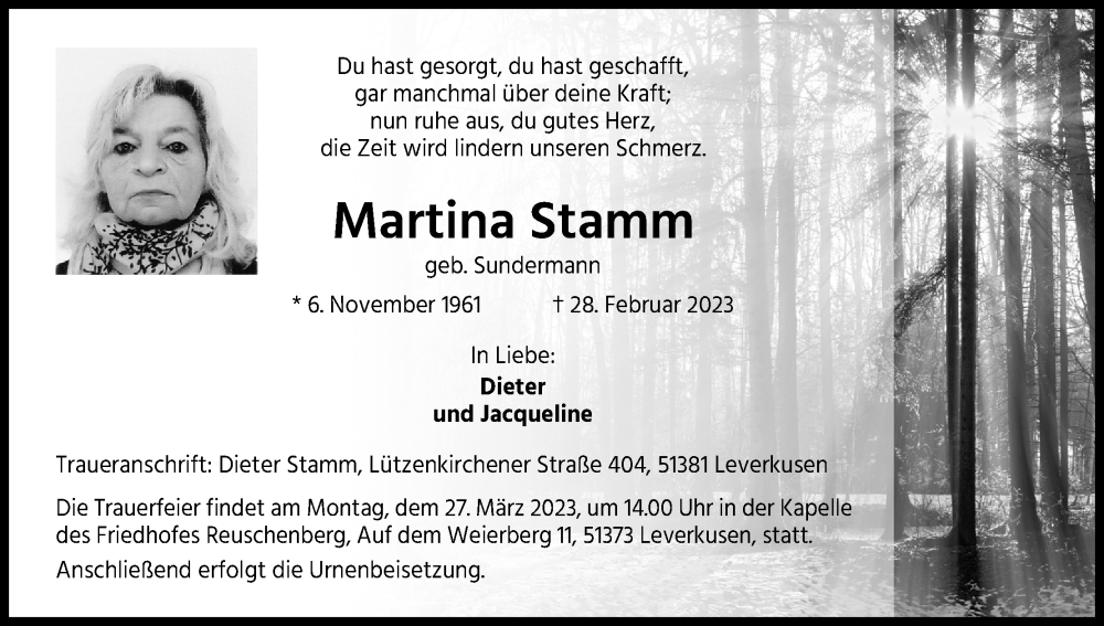  Traueranzeige für Martina Stamm vom 18.03.2023 aus Kölner Stadt-Anzeiger / Kölnische Rundschau / Express