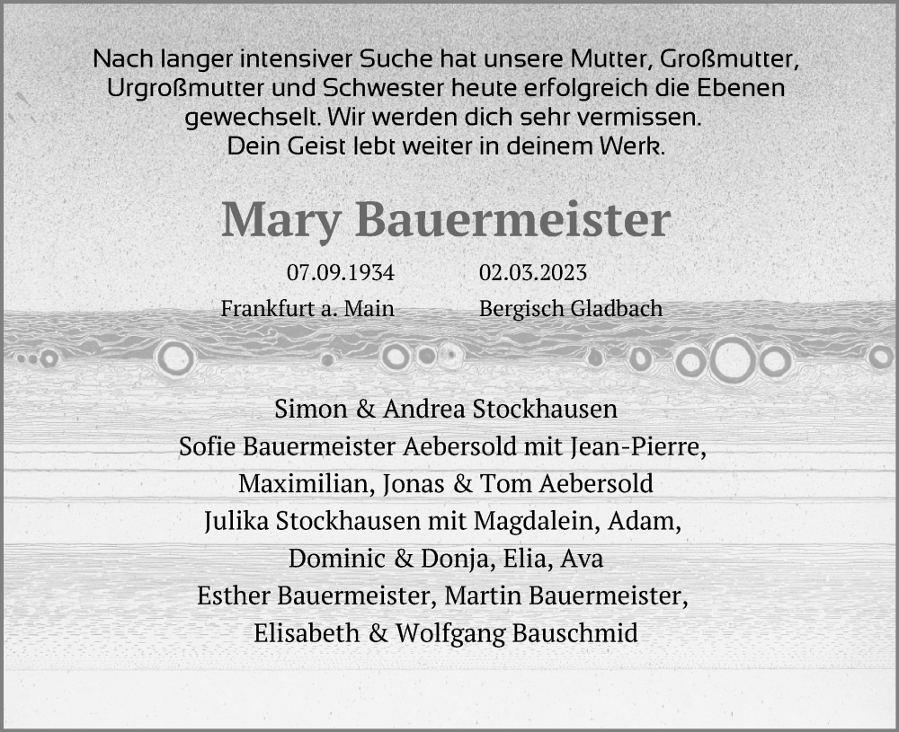  Traueranzeige für Mary Bauermeister vom 04.03.2023 aus Kölner Stadt-Anzeiger / Kölnische Rundschau / Express