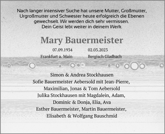 Anzeige von Mary Bauermeister von Kölner Stadt-Anzeiger / Kölnische Rundschau / Express