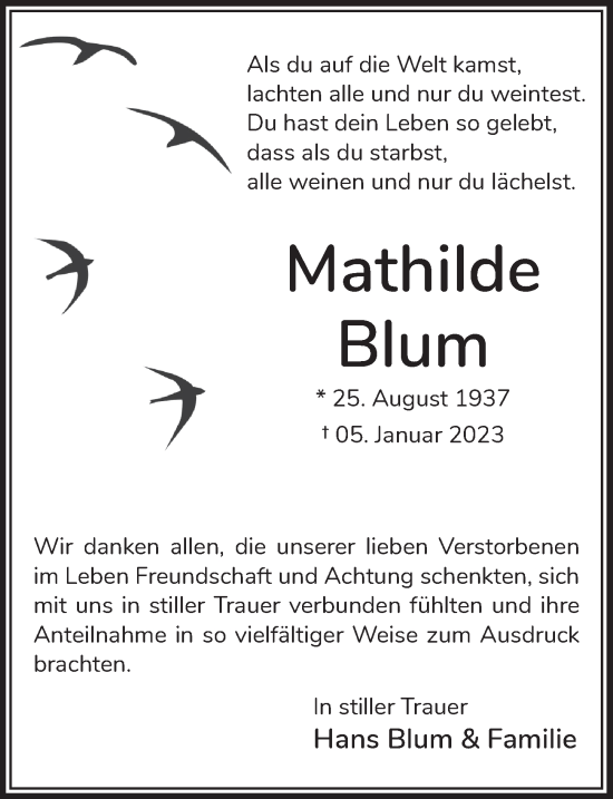 Anzeige von Mathilde Blum von  Schlossbote/Werbekurier 