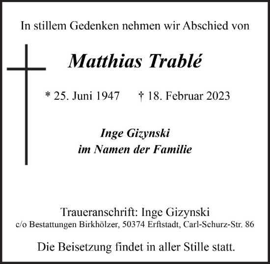 Anzeige von Matthias Trablé von  Werbepost 