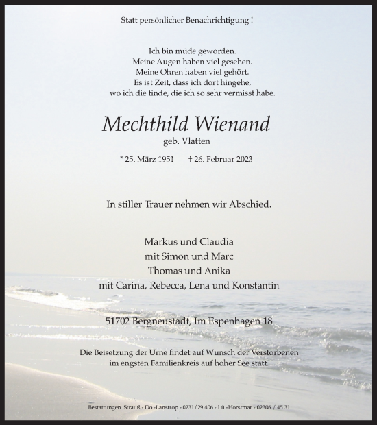 Anzeige von Mechthild Wienand von Kölner Stadt-Anzeiger / Kölnische Rundschau / Express