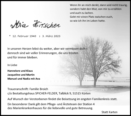 Anzeige von Mia Kirscher von Kölner Stadt-Anzeiger / Kölnische Rundschau / Express