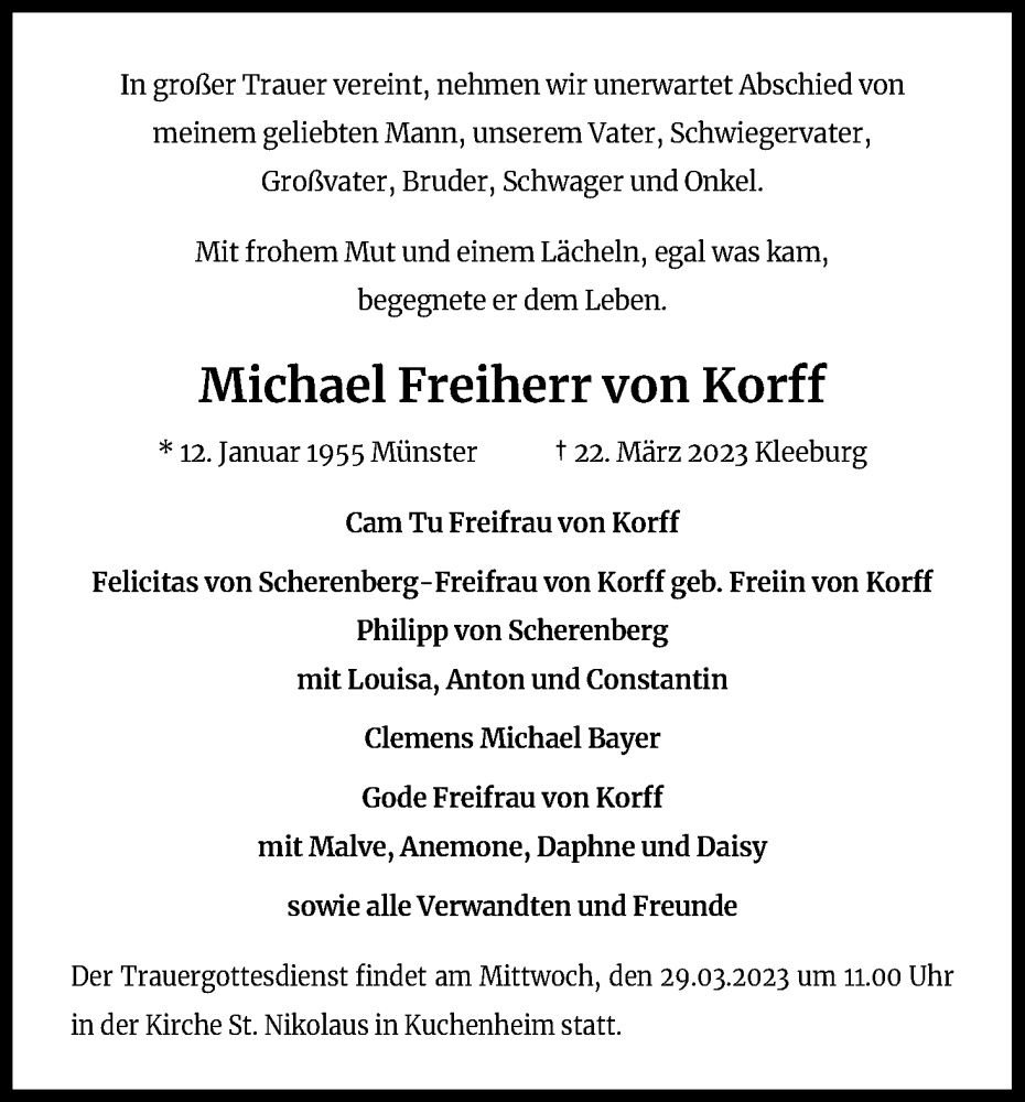  Traueranzeige für Michael Freiherr von Korff vom 25.03.2023 aus Kölner Stadt-Anzeiger / Kölnische Rundschau / Express