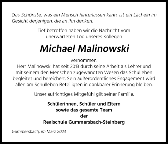 Anzeige von Michael Malinowski von Kölner Stadt-Anzeiger / Kölnische Rundschau / Express