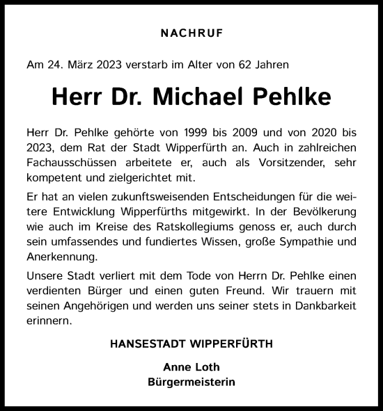 Anzeige von Michael Pehlke von Kölner Stadt-Anzeiger / Kölnische Rundschau / Express
