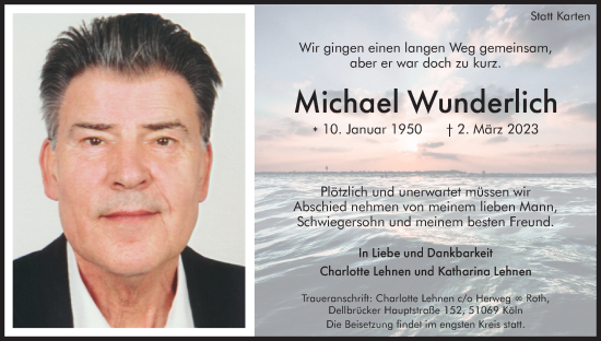 Anzeige von Michael Wunderlich von Kölner Stadt-Anzeiger / Kölnische Rundschau / Express