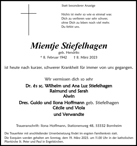 Anzeige von Mientje Stiefelhagen von Kölner Stadt-Anzeiger / Kölnische Rundschau / Express
