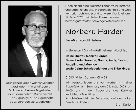 Anzeige von Norbert Harder von Kölner Stadt-Anzeiger / Kölnische Rundschau / Express