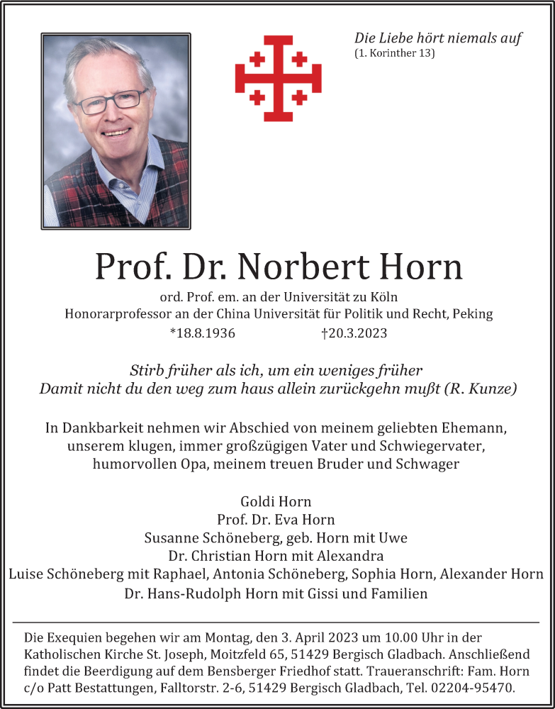  Traueranzeige für Norbert Horn vom 25.03.2023 aus Kölner Stadt-Anzeiger / Kölnische Rundschau / Express