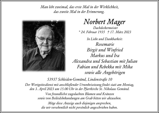 Anzeige von Norbert Mager von Kölner Stadt-Anzeiger / Kölnische Rundschau / Express