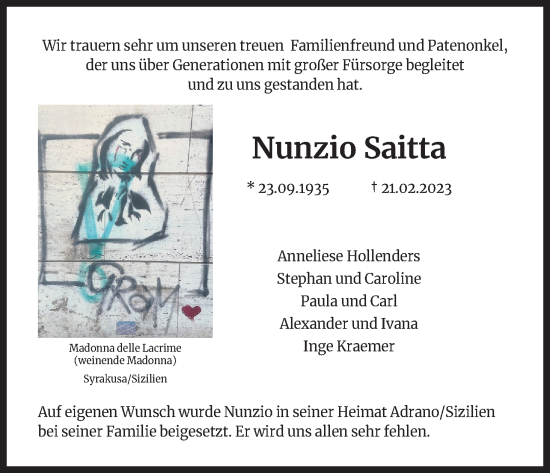 Anzeige von Nunzio Saitta von Kölner Stadt-Anzeiger / Kölnische Rundschau / Express