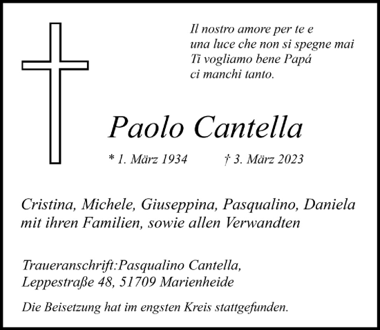Traueranzeigen von Paolo Cantella WirTrauern