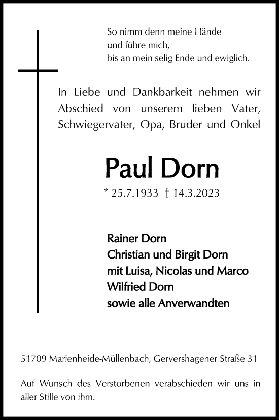 Anzeige von Paul Dorn von Kölner Stadt-Anzeiger / Kölnische Rundschau / Express