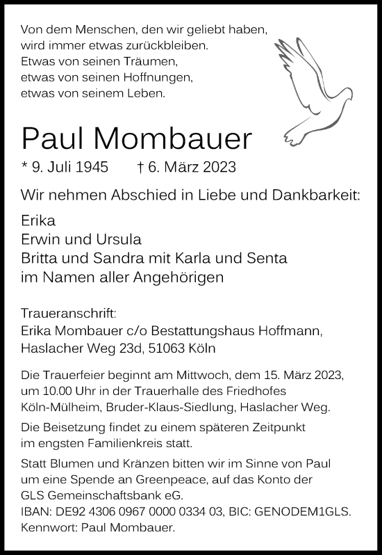 Anzeige von Paul Mombauer von Kölner Stadt-Anzeiger / Kölnische Rundschau / Express