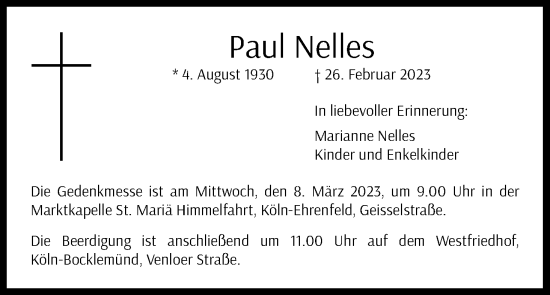 Anzeige von Paul Nelles von Kölner Stadt-Anzeiger / Kölnische Rundschau / Express