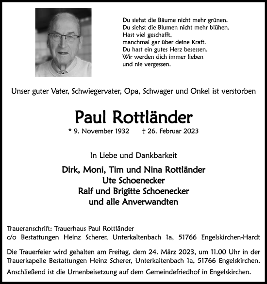 Anzeige von Paul Rottländer von Kölner Stadt-Anzeiger / Kölnische Rundschau / Express