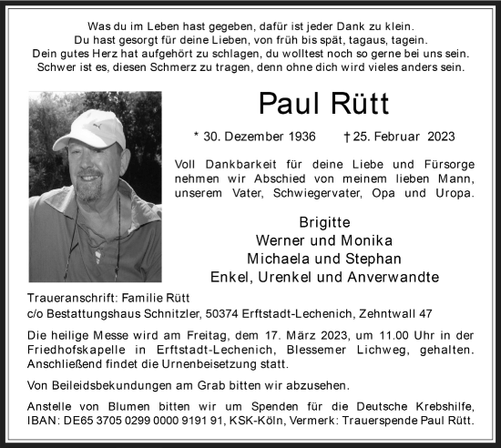 Anzeige von Paul Rütt von  Werbepost 
