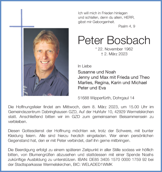 Anzeige von Peter Bosbach von Kölner Stadt-Anzeiger / Kölnische Rundschau / Express