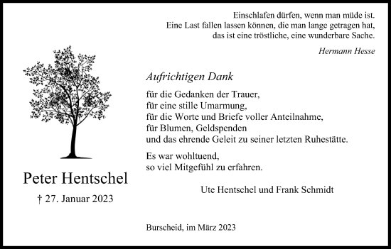 Anzeige von Peter Hentschel von Kölner Stadt-Anzeiger / Kölnische Rundschau / Express