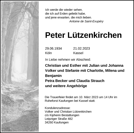Anzeige von Peter Lützenkirchen von Kölner Stadt-Anzeiger / Kölnische Rundschau / Express