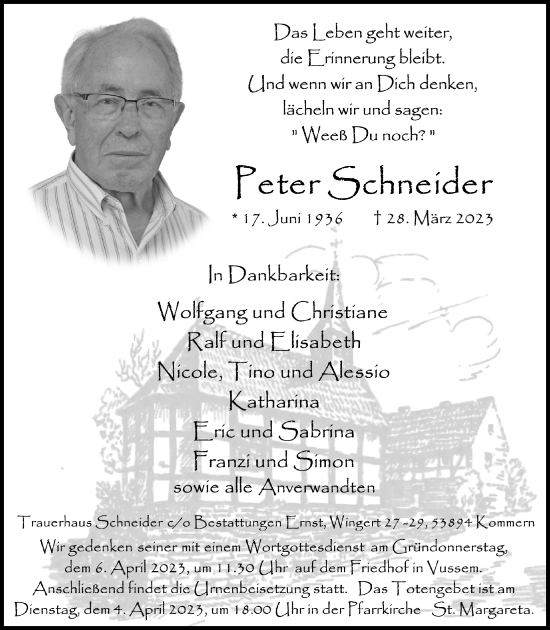 Anzeige von Peter Schneider von  Blickpunkt Euskirchen 