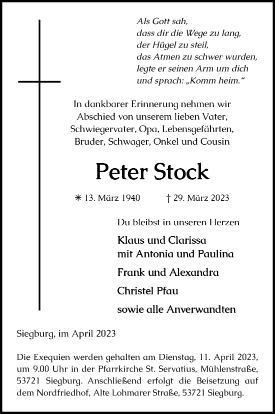 Anzeige von Peter Stock von Kölner Stadt-Anzeiger / Kölnische Rundschau / Express