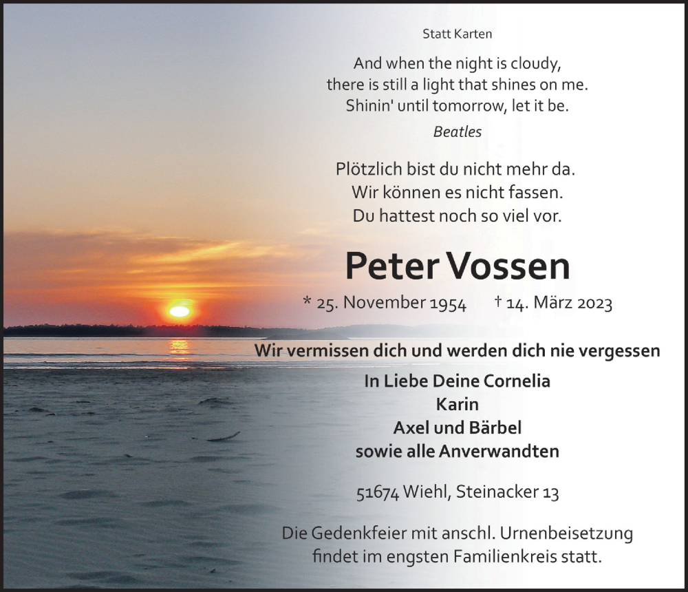  Traueranzeige für Peter Vossen vom 24.03.2023 aus  Anzeigen Echo 