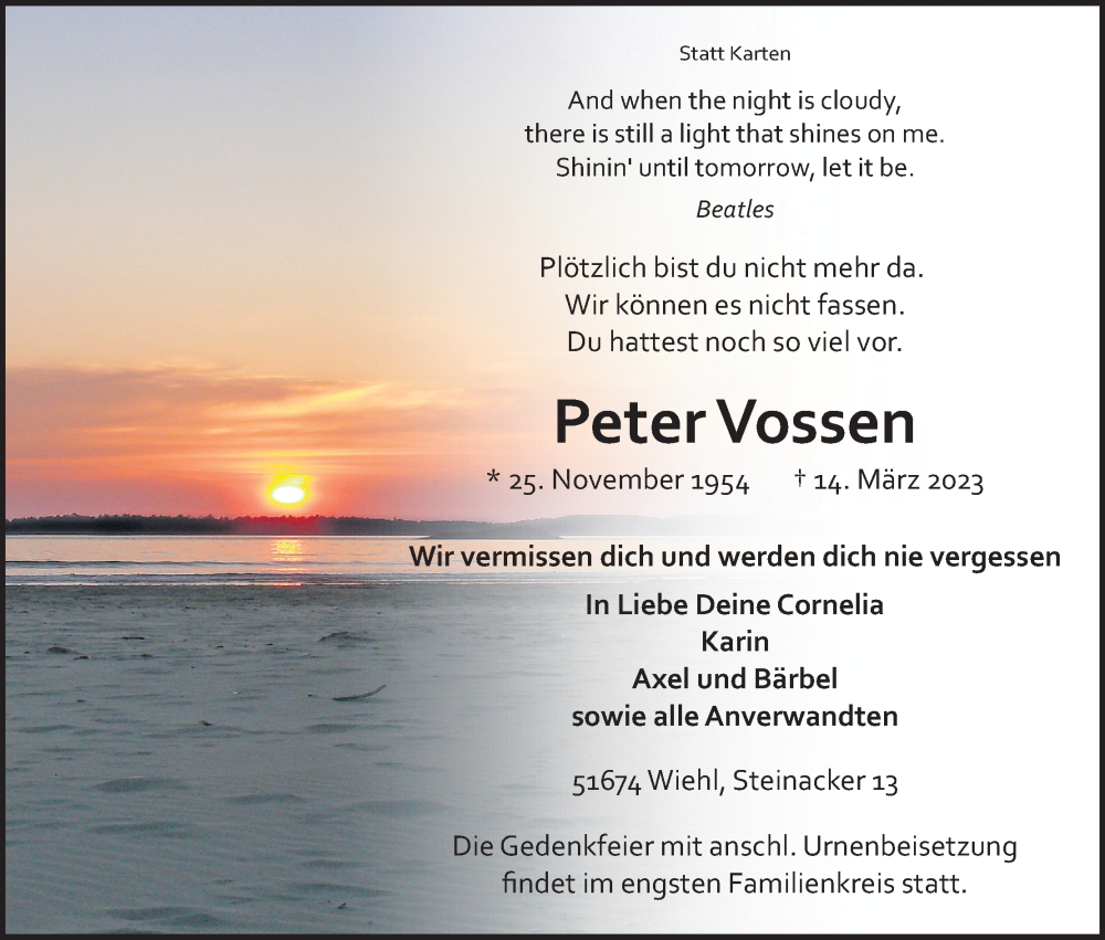  Traueranzeige für Peter Vossen vom 18.03.2023 aus Kölner Stadt-Anzeiger / Kölnische Rundschau / Express
