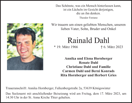 Anzeige von Rainald Dahl von Kölner Stadt-Anzeiger / Kölnische Rundschau / Express