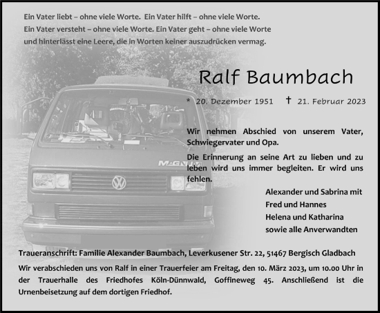 Anzeige von Ralf Baumbach von  Bergisches Handelsblatt 