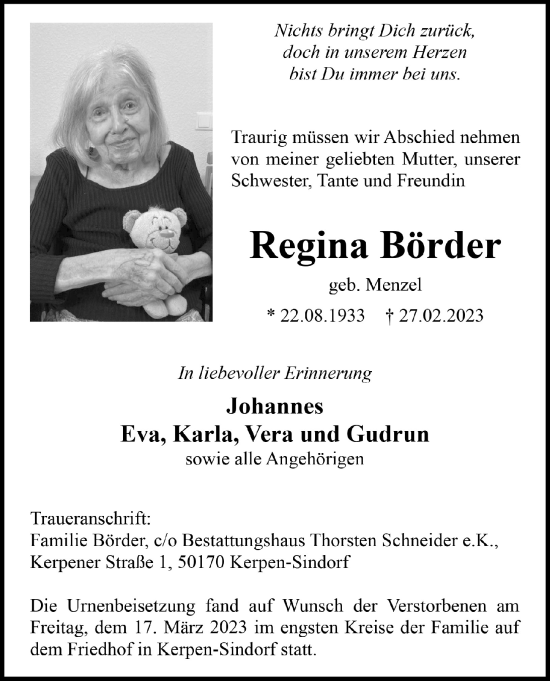 Anzeige von Regina Börder von  Werbepost 