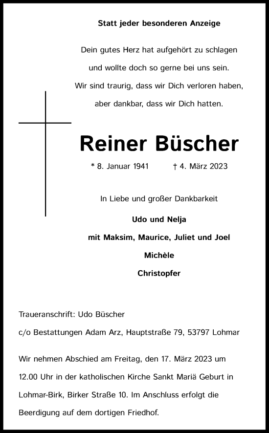 Anzeige von Reiner Büscher von Kölner Stadt-Anzeiger / Kölnische Rundschau / Express
